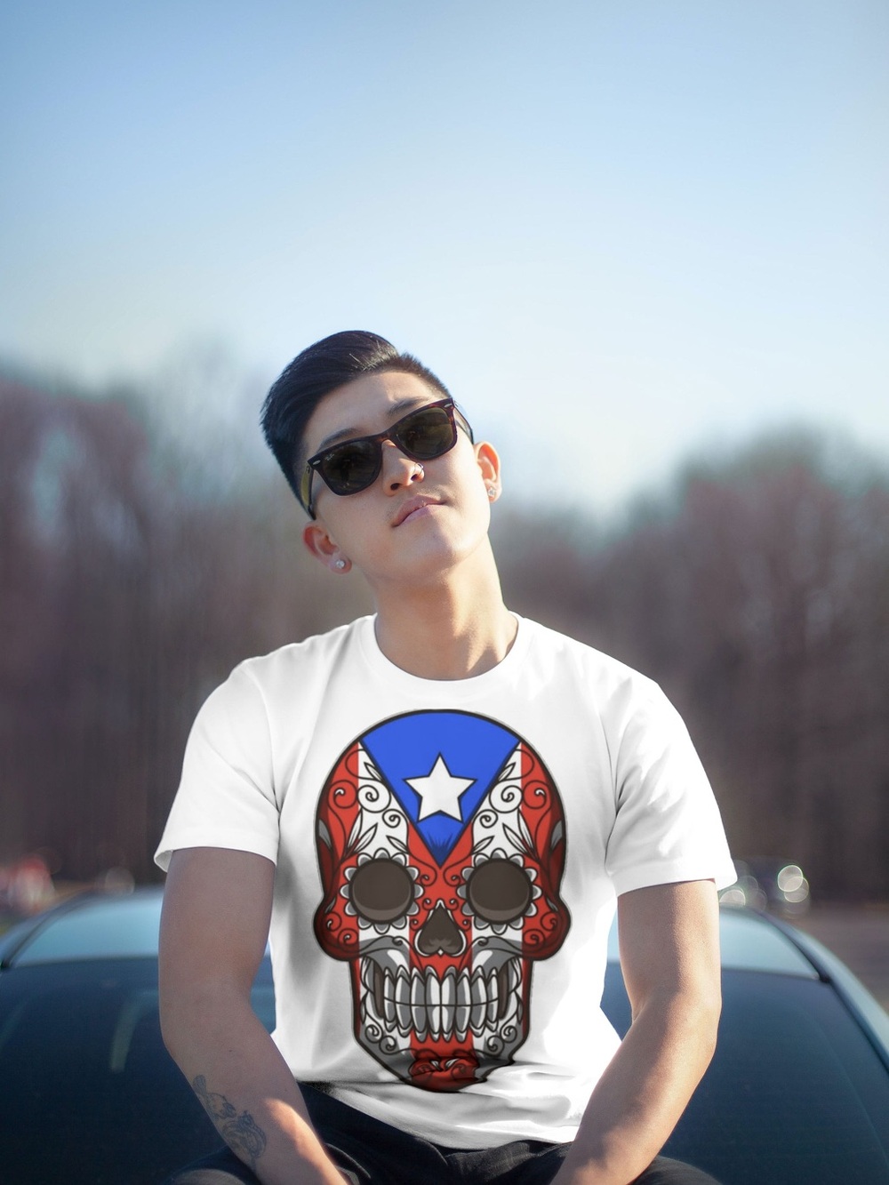 White Graphic Skull Tee with Red & Blue Puerto Rican Details